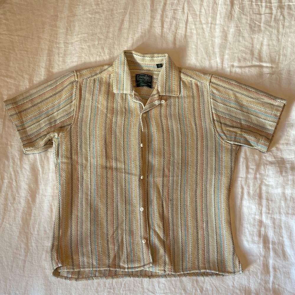 Gitman Brothers Short-Sleeve Button-Down Shirt in Beige with Multicolor Stripes